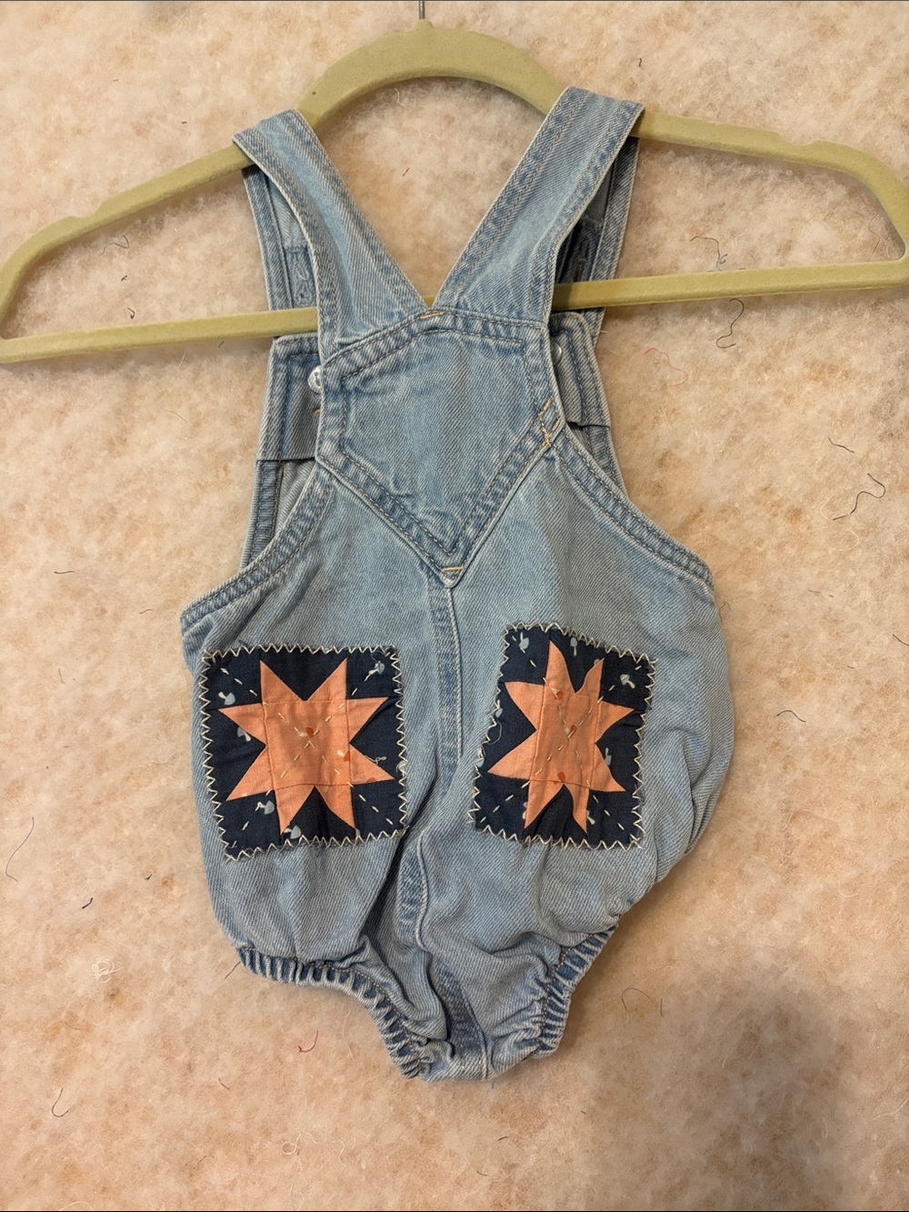 Kids Denim Romper with Navy & pink quilted Star Patches